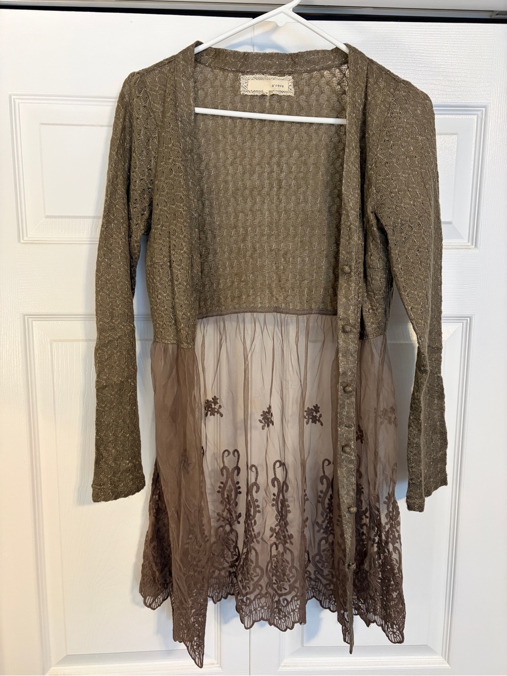 A'Reve Brown Knit & Embroidered Lace Hem Cardigan
